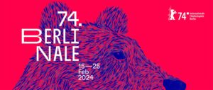 Berlinale key art with hot pink background and blue illustration of bear's head