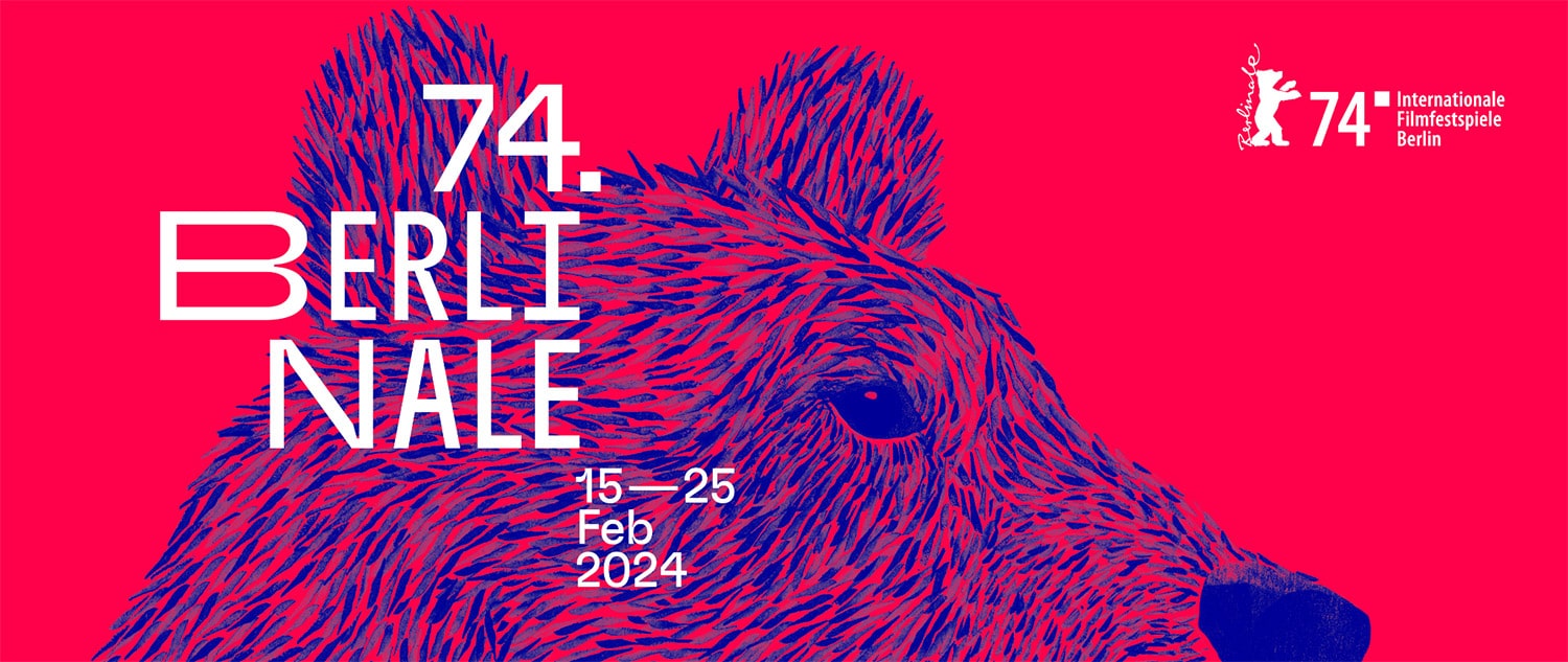 Berlinale key art with hot pink background and blue illustration of bear's head