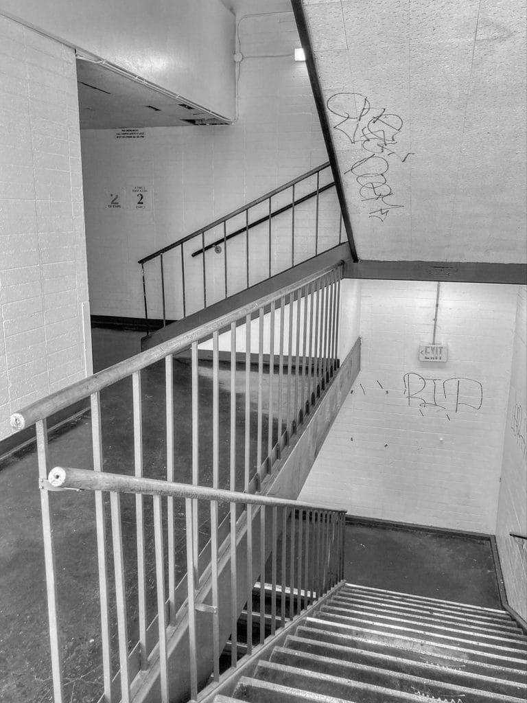 Black and white view of C1 staircase
