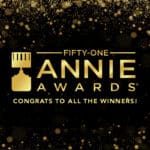 Black and gold graphic with text "51 Annie Awards - Congrats to all the winners!" with gold confetti