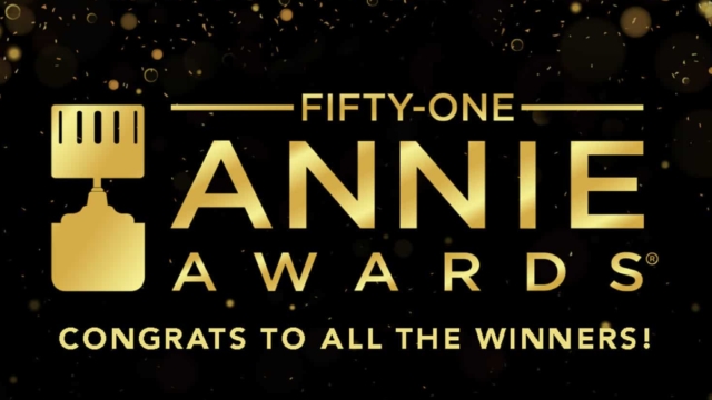 Black and gold graphic with text "51 Annie Awards - Congrats to all the winners!" with gold confetti
