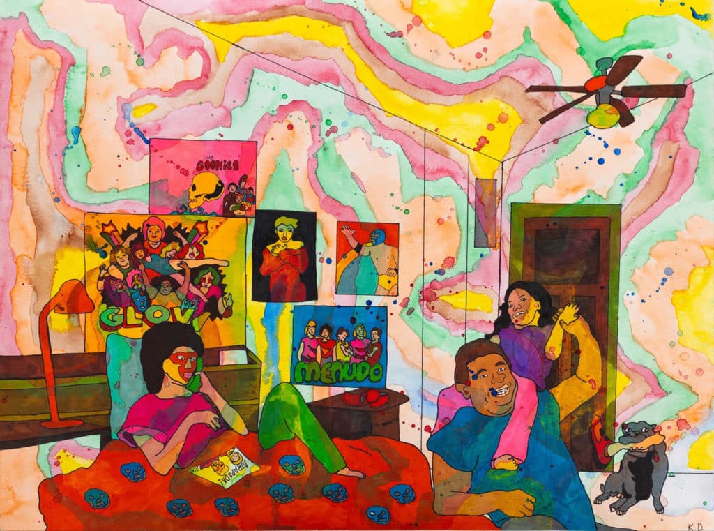 Colorful painting of three figures and a dog in a bedroom with posters along the walls