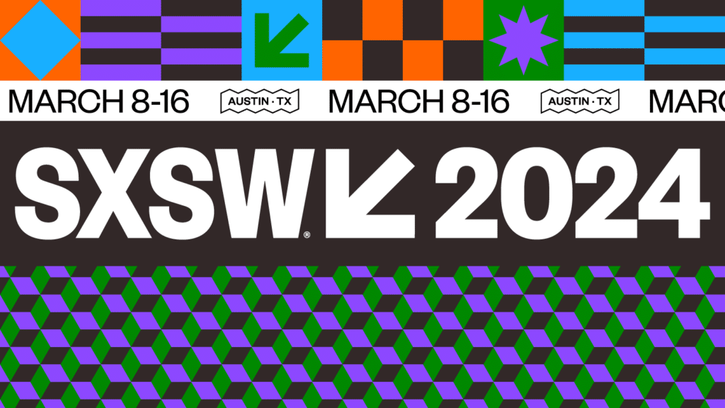 Graphic SXSW 2024 poster with dates March 8-16 and location