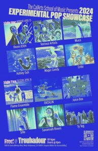 Vertical blue poster for 2024 Experimental Pop Showcase with 12 artist images and event information