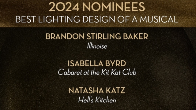 Graphic of the 2024 best lighting design of a musical nominees.