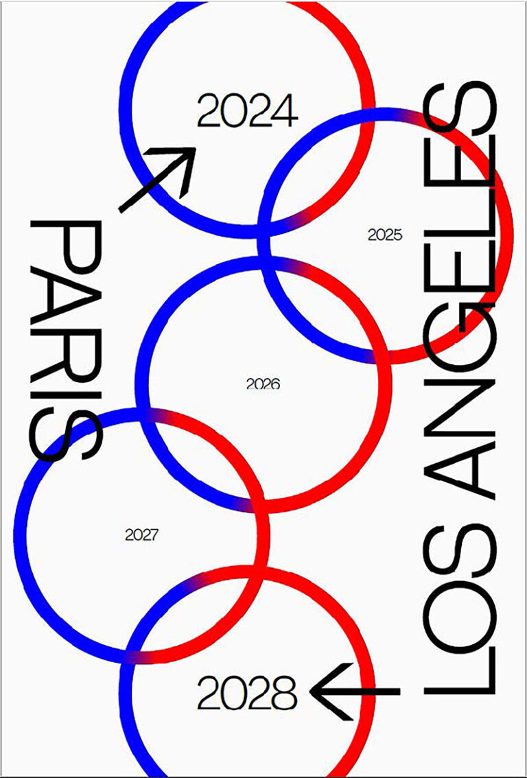 Graphic design poster of interlinked red and blue circles.
