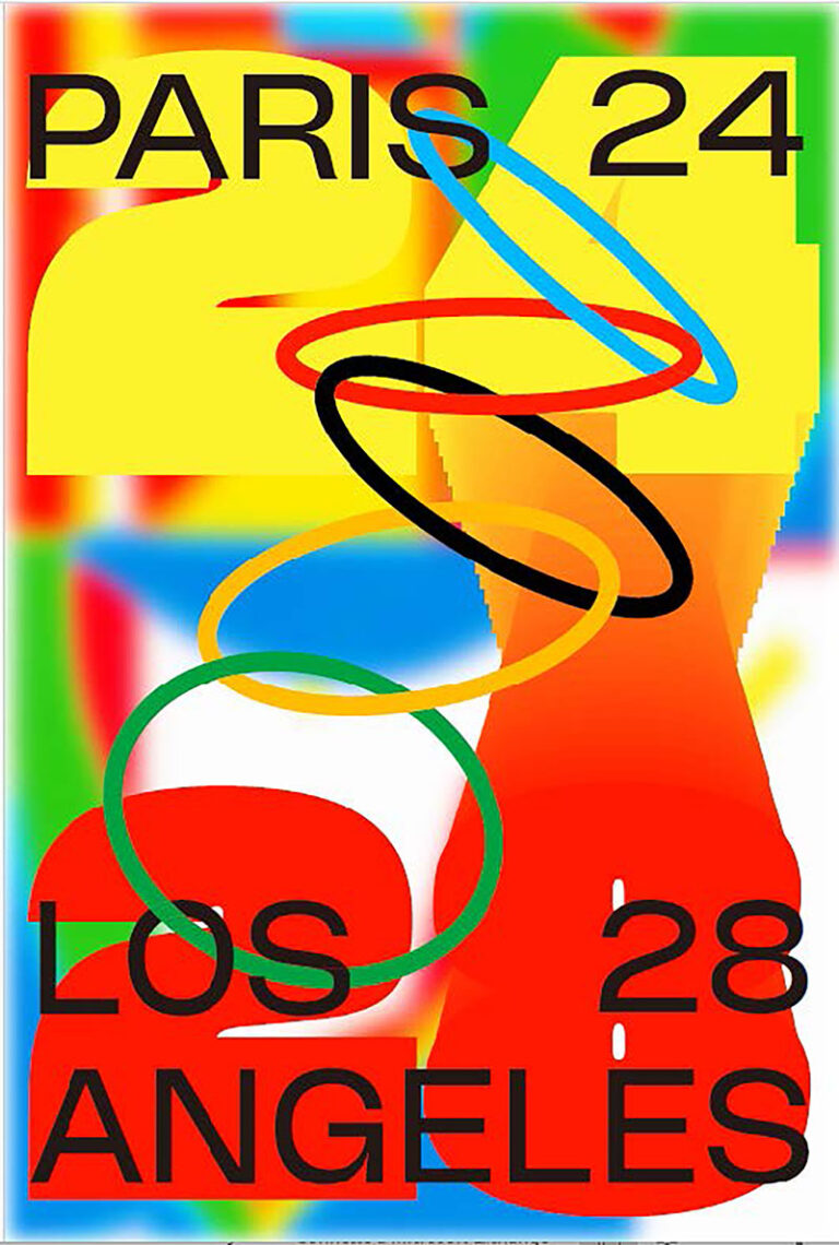Multicolored graphic design poster of interlinked Olympic rings from an angle.