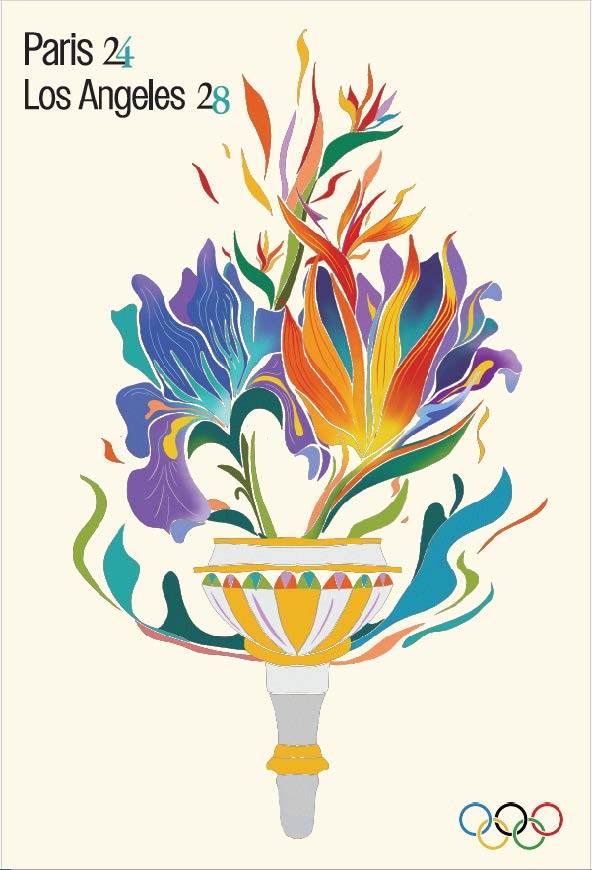 Graphic design poster of fire-like flowers sprouting from an Olympic torch