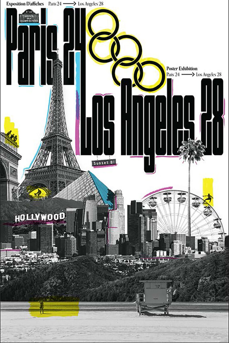 Collage style poster combining black-and-white landmarks from both Los Angeles and Paris.