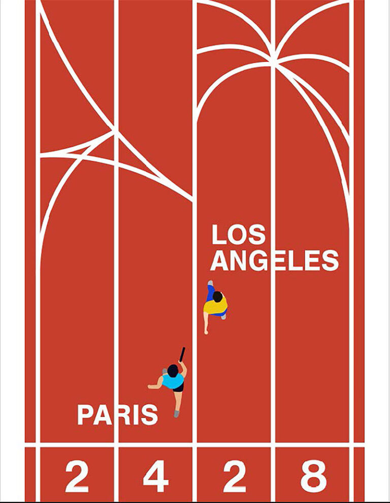Graphic design poster of overview of runners on a red racetrack.
