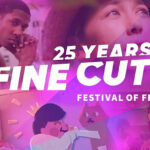 Pink and purple graphic for KCET Fine Cut Festival of Films featuring five film stills