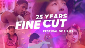 Pink and purple graphic for KCET Fine Cut Festival of Films featuring five film stills