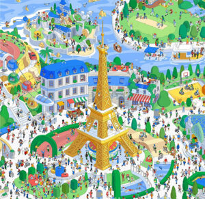 Illustrated setting Google's 'The Playground' with an Eiffel Tower surrounded by various sporting arenas