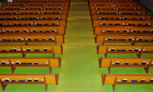 A photo image of the interior of an empty church.