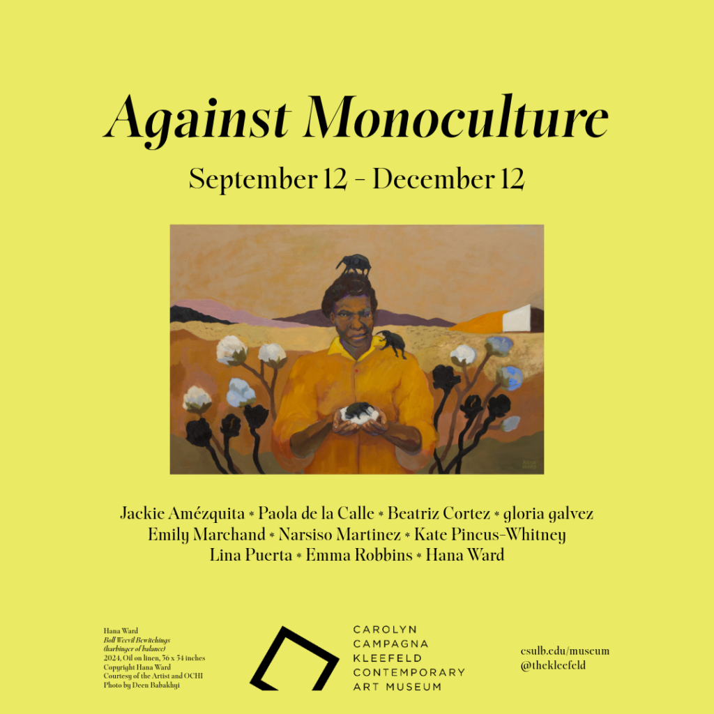 Yellow poster for 'Against Monoculture' exhibition