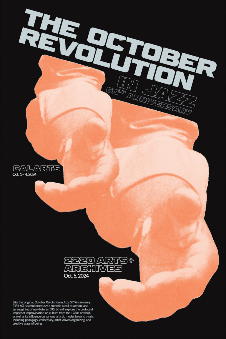 A poster for The October Revolution festival with orange hands on a black background.