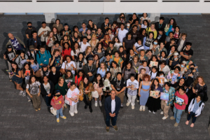 Overhead group photo of Pete Docter and Character Animation students.