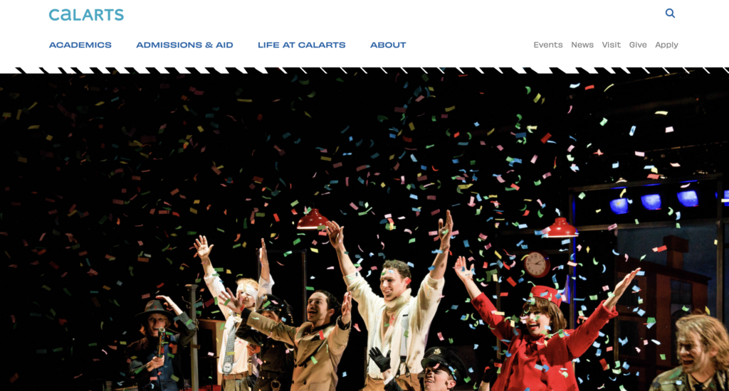 Homepage of calarts.edu with an image of a theater ensemble surrounded by falling confetti.