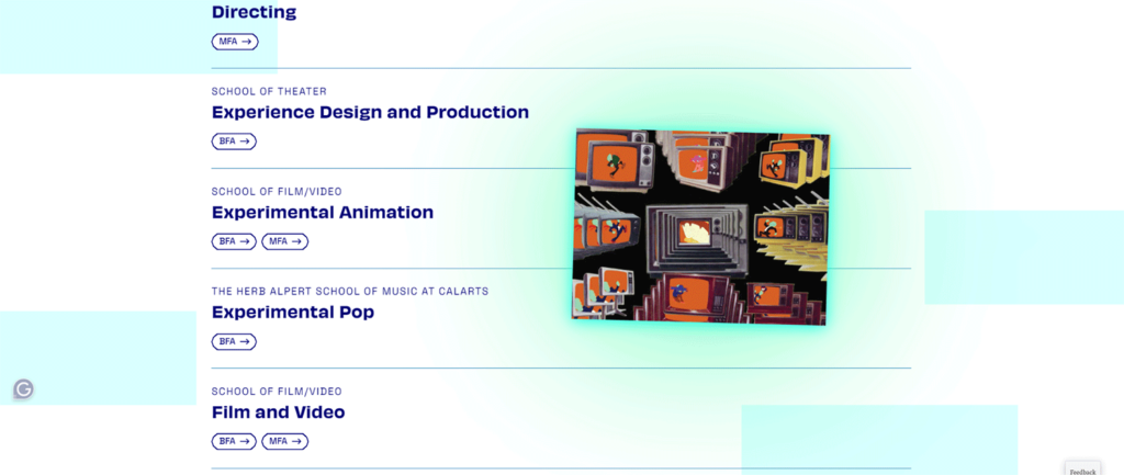 Screencap of list of CalArts programs with an image hovering with a blue glow