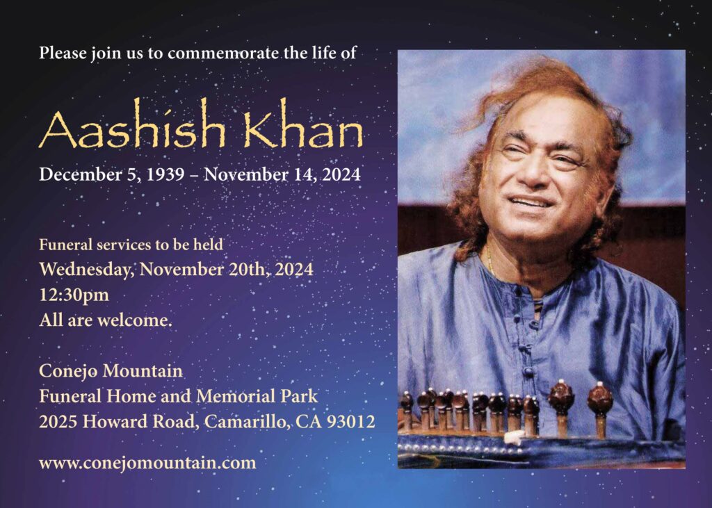 Memorial service poster for Aashish Khan with event information and image of the artist playing sarod