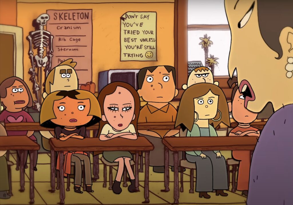 A group of students sit in a classroom in this animated image from the short film 'Girls In Real Life Situations.'