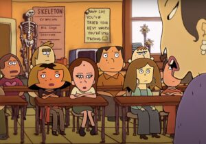 A group of students sit in a classroom in this animated image from the short film 'Girls In Real Life Situations.'