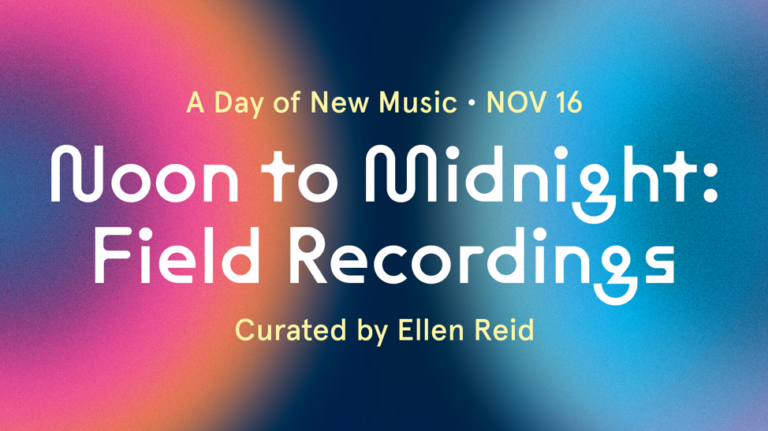 'Noon to Midnight: Field Recordings' in white text over a blurry colorful graphic of half a sun and half a moon