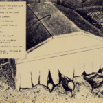 Sepia image of chicken coop with text in top left corner