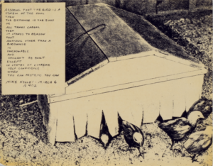 Sepia image of chicken coop with text in top left corner