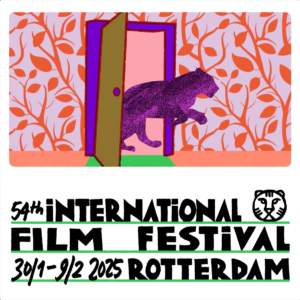 Poster for International Film Festival Rotterdam featuring illustration of a purple lion bounding into a wallpapered room.