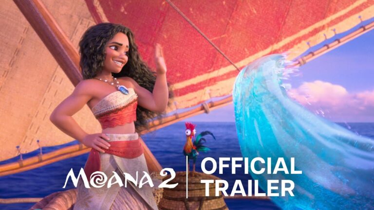 Moana sailing on boat greating an ocean wave