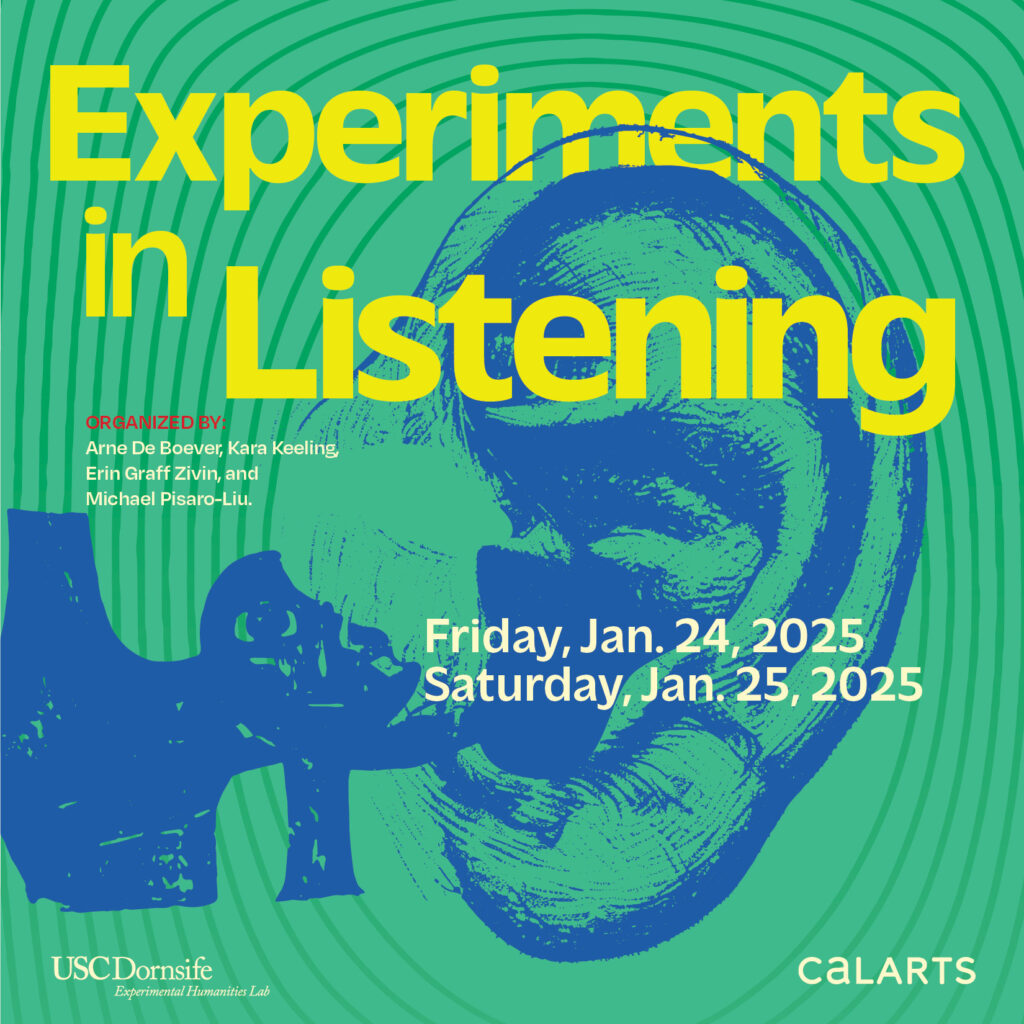 Green graphic with blue illustration of an ear with yellow text "Experiments in Listening"