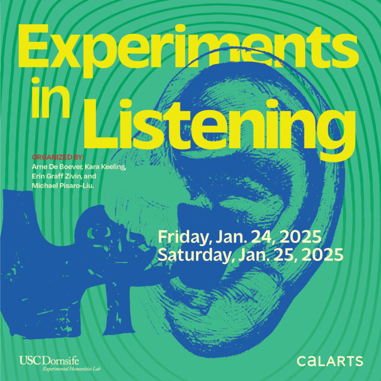 Green graphic with blue illustration of an ear with yellow text "Experiments in Listening"