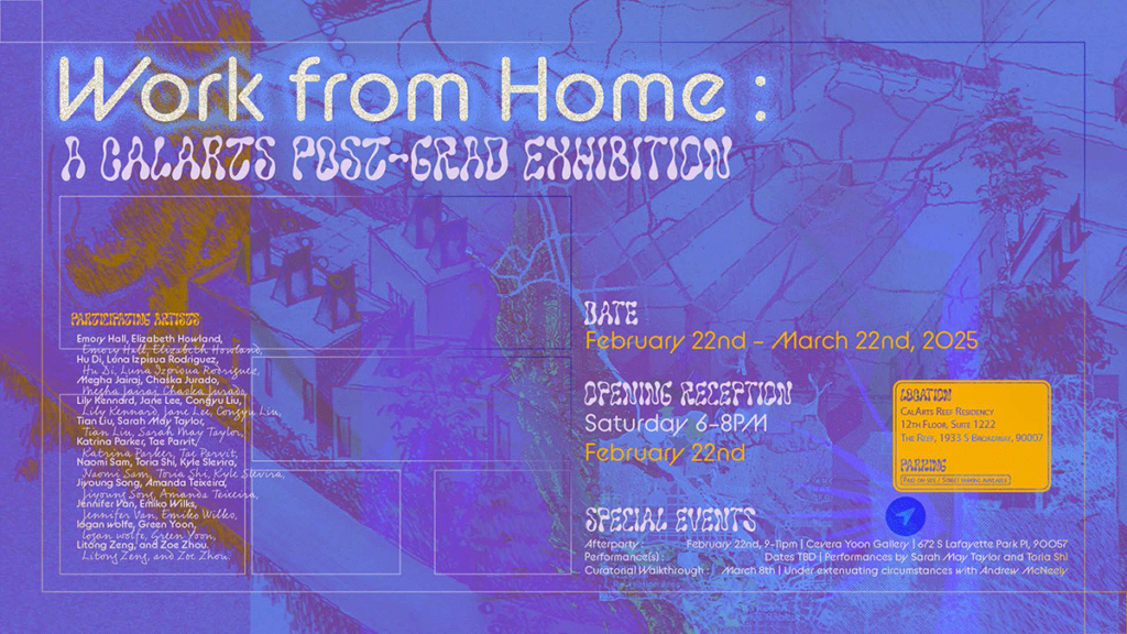 Graphic purple poster for "Work from Home: Art Postgrad MFA Show"