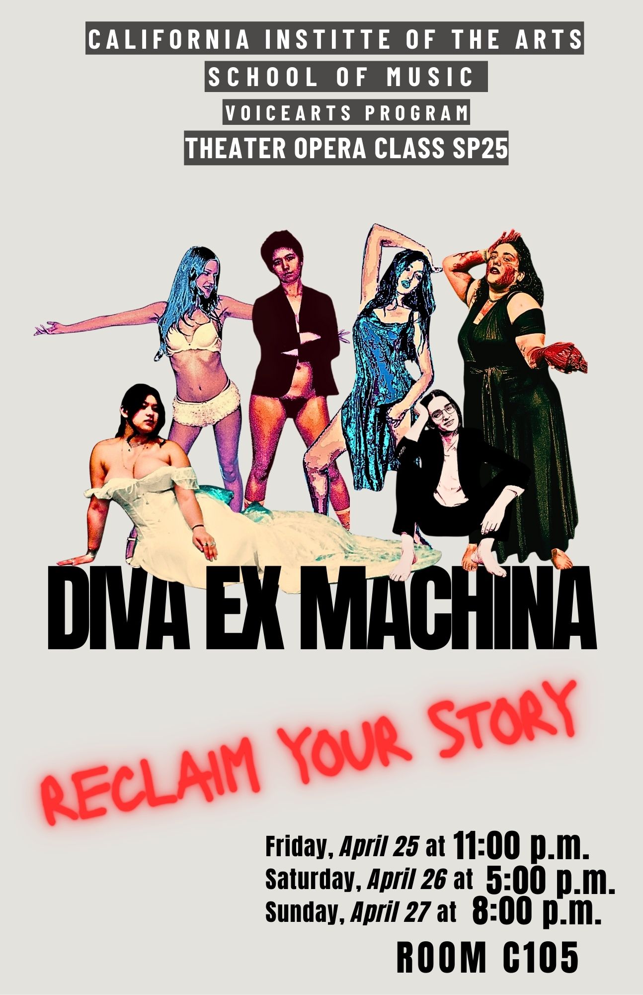 Poster featuring six performers in various poses surrounded by performance dates, times, and location