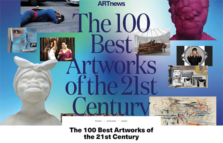 Text "The 100 Best Artworks of the 21st Century" surrounded by different artworks