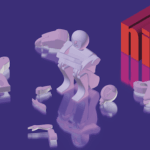 An abstract graphic design of the word ANITO broken up into groups of letters with a deconstructed sculpture on a purple background.