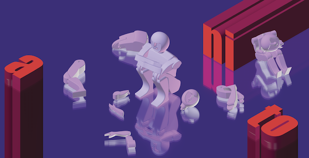 An abstract graphic design of the word ANITO broken up into groups of letters with a deconstructed sculpture on a purple background.