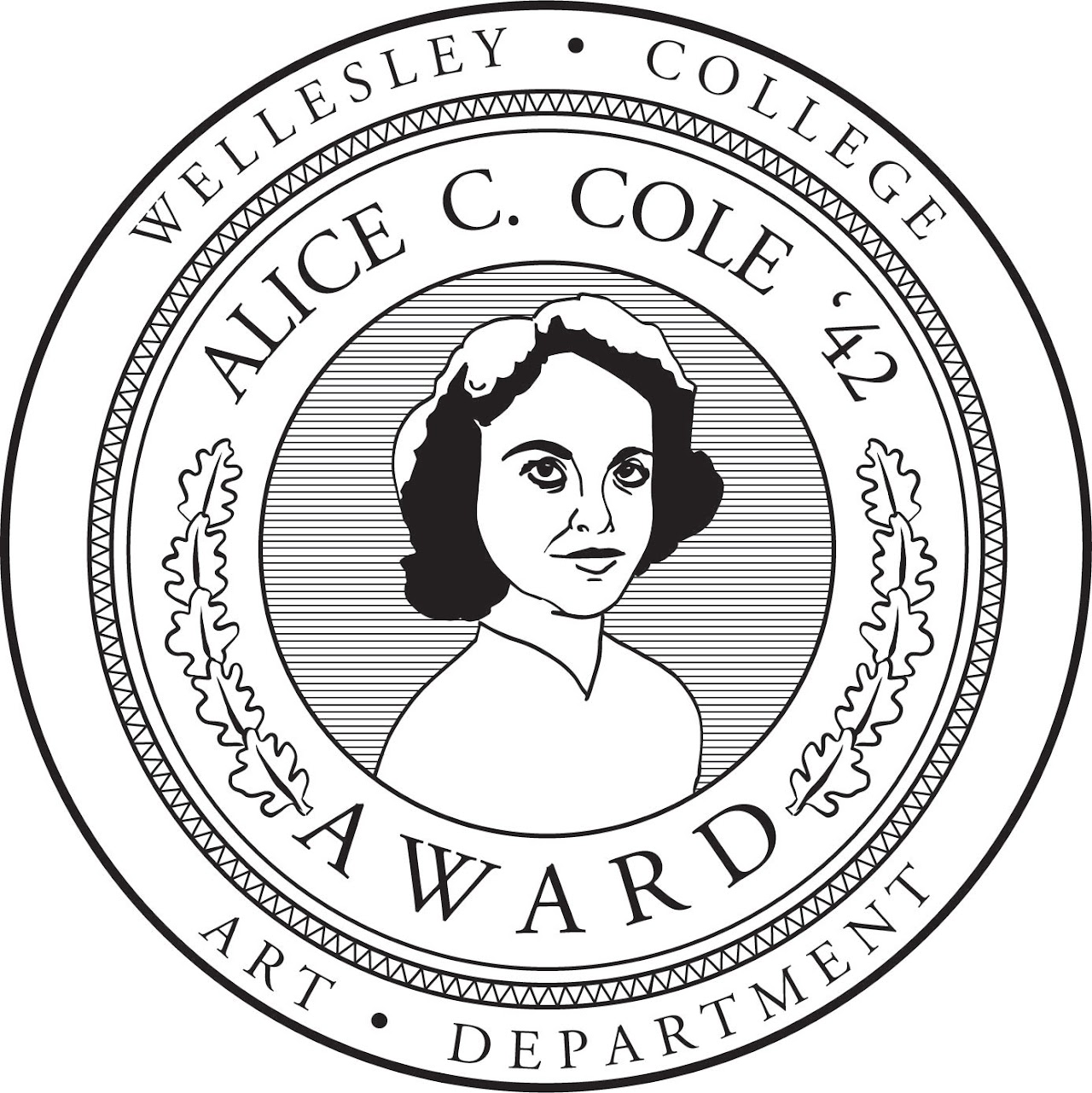 A round logo with a woman in the center. The text reads Wellesley College Alice C. Cole '42 Award