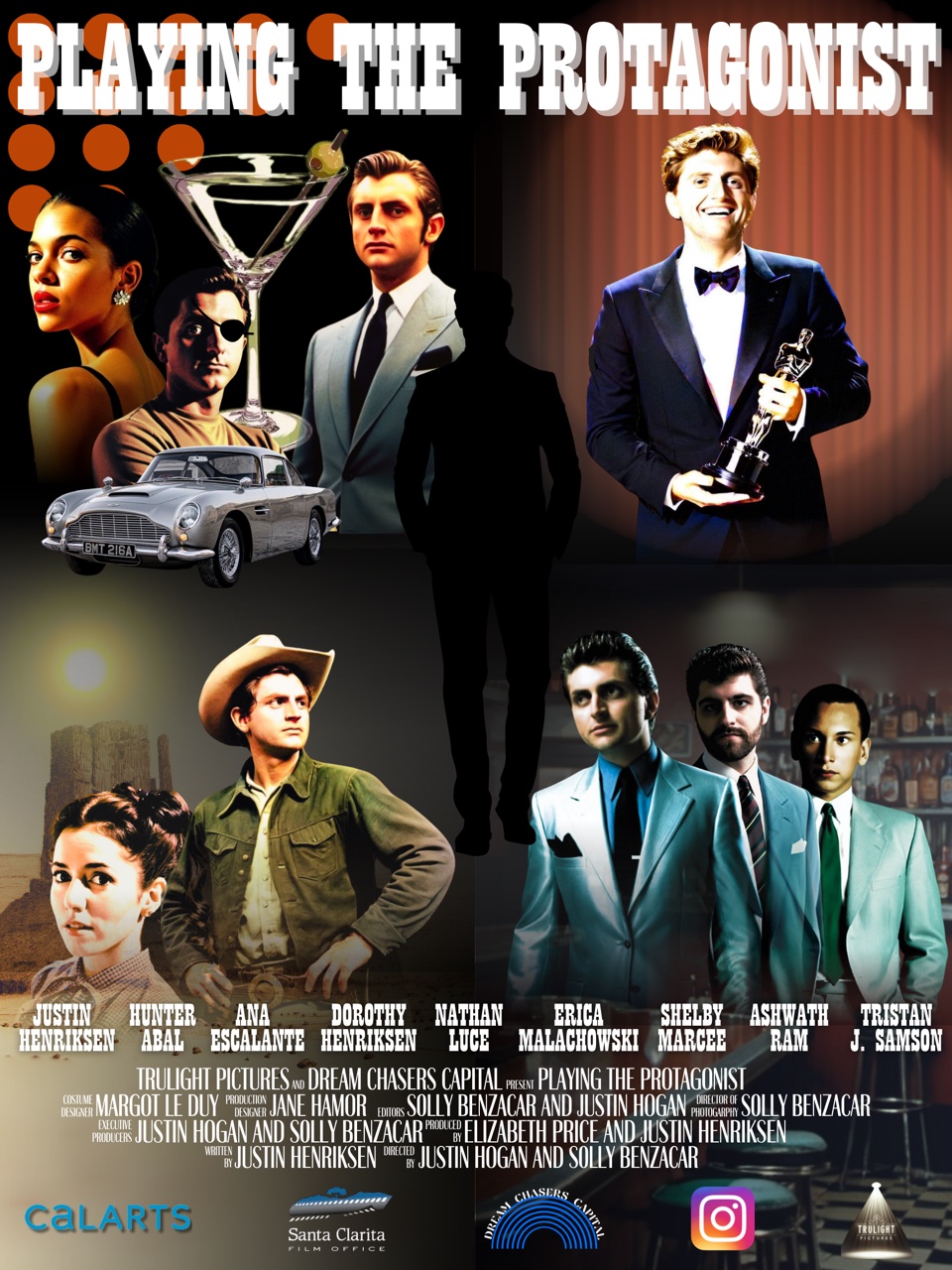 Poster titled "Playing the Protagonist" featuring a silhouette surrounded by varied characters and film elements.