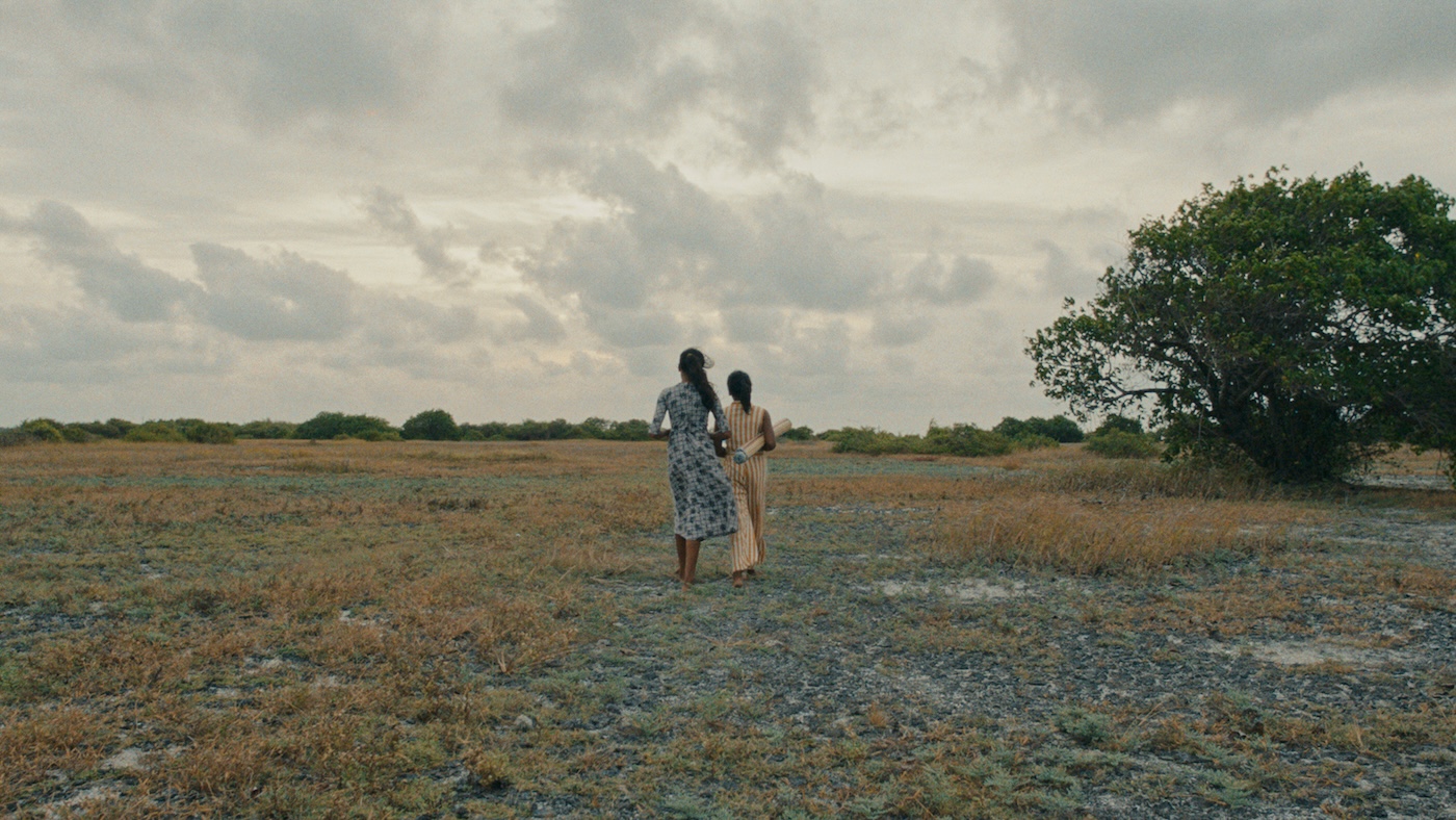 Two women in dresses walk away from the camera across a dry, grassy field toward a large green tree on the right under a cloudy, overcast sky.