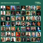 A graphic against a forest green background titled "2026 Creative Capital Awardees" features a grid of 56 portrait headshots of diverse artists.
