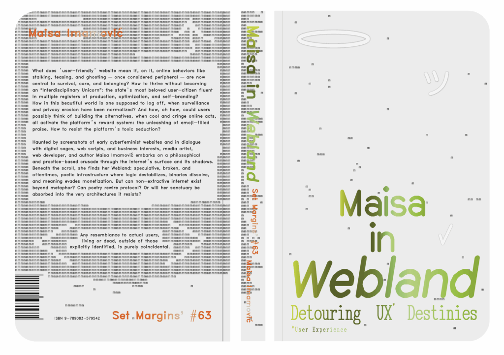 Book cover for "Maisa in Webland: Detouring UX Destinies" by Maša Imamović. The design features light gray and lime green tones with digital-inspired typography and pixelated graphics.