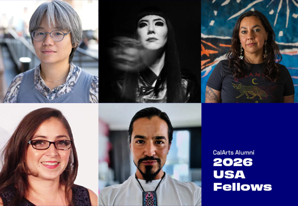 A grid of portraits featuring five CalArts alumni who are 2026 USA Fellows. The sixth tile is a solid blue block with white text that reads 'CalArts Alumni 2026 USA Fellows.'