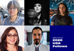 A grid of portraits featuring five CalArts alumni who are 2026 USA Fellows. The sixth tile is a solid blue block with white text that reads 'CalArts Alumni 2026 USA Fellows.'