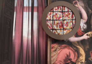 A circular stained-glass piece over a classical painting beside a purple curtain.