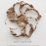 A metal sculpture with swirling, textured ribbons on a light gray background, titled "Heavy Metal," showing dates "April 2 - June 20, 2026."