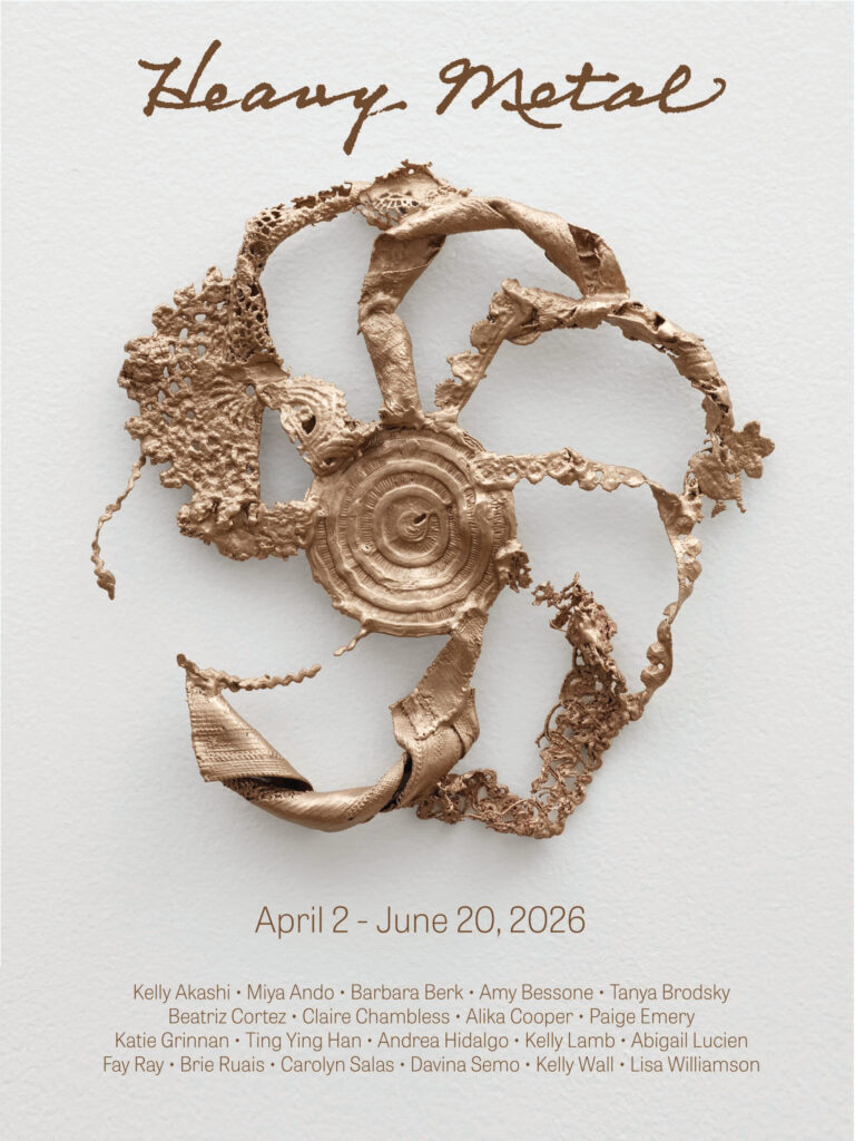 A metal sculpture with swirling, textured ribbons on a light gray background, titled "Heavy Metal," showing dates "April 2 - June 20, 2026."