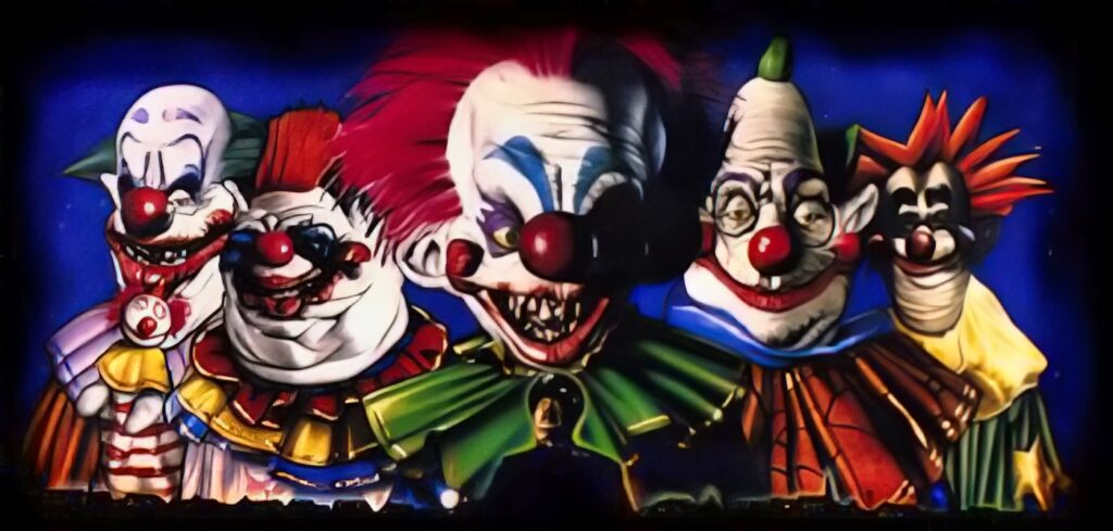 Five grotesque clowns with exaggerated, colorful features set against a blue background.