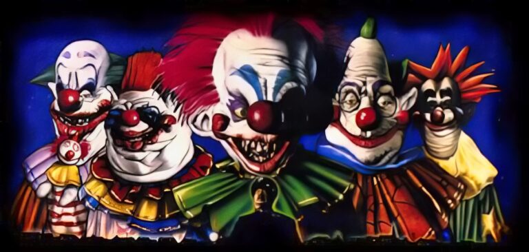 Five grotesque clowns with exaggerated, colorful features set against a blue background.